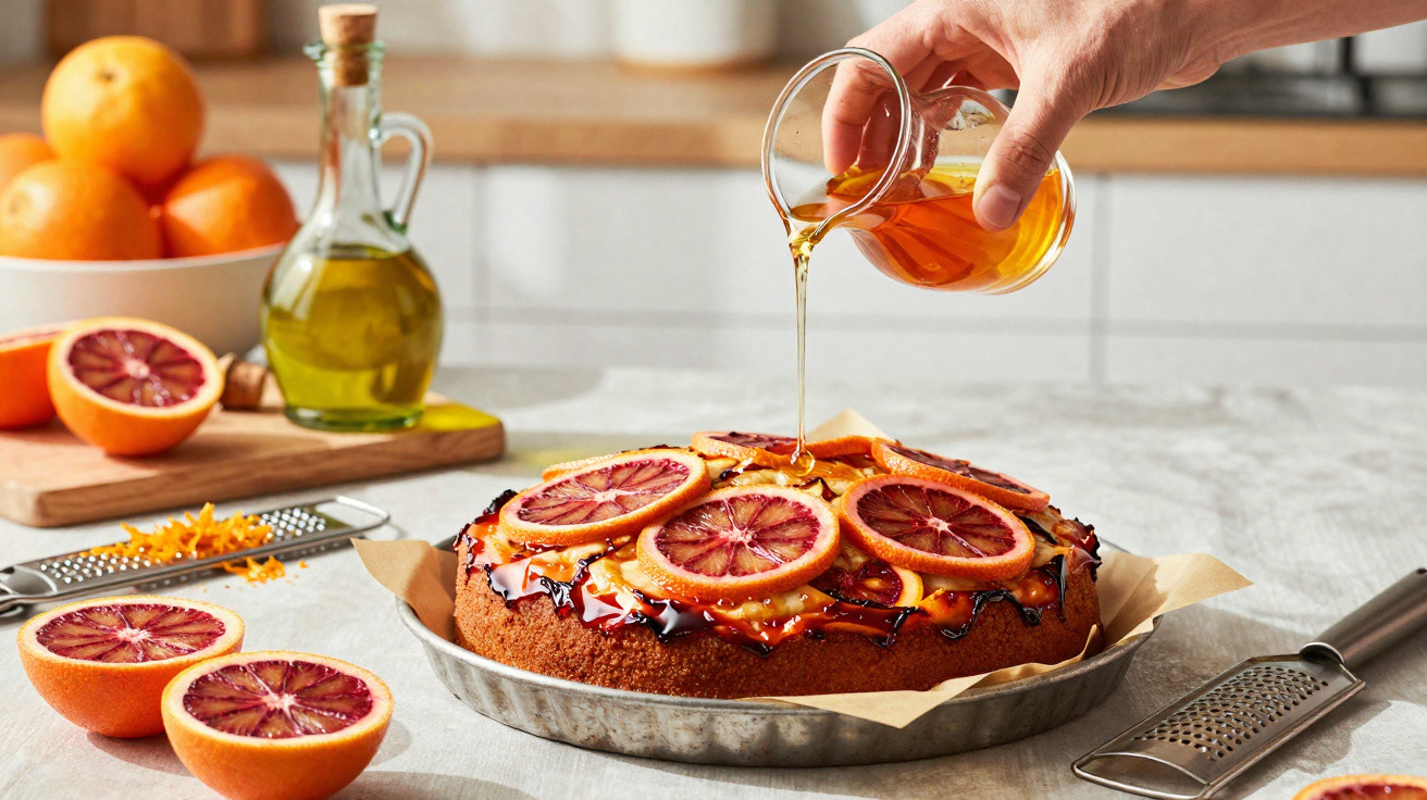 Bolo decorado com fatias de laranja sanguínea, sendo regado com mel numa cozinha luminosa.