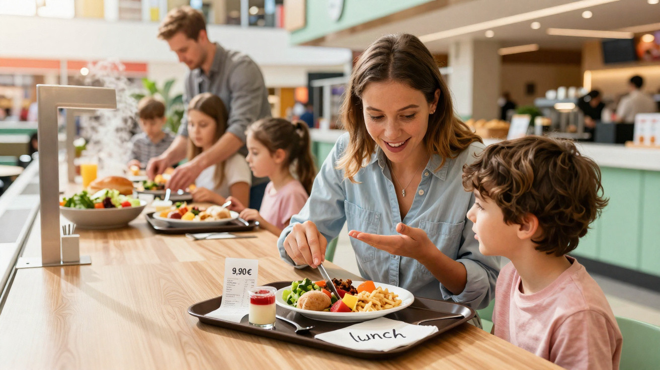 Família desfrutando de almoço saudável juntos numa cantina luminosa e acolhedora.