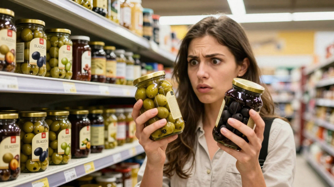 Mulher confusa a comparar frascos de azeitonas verdes e pretas num supermercado.