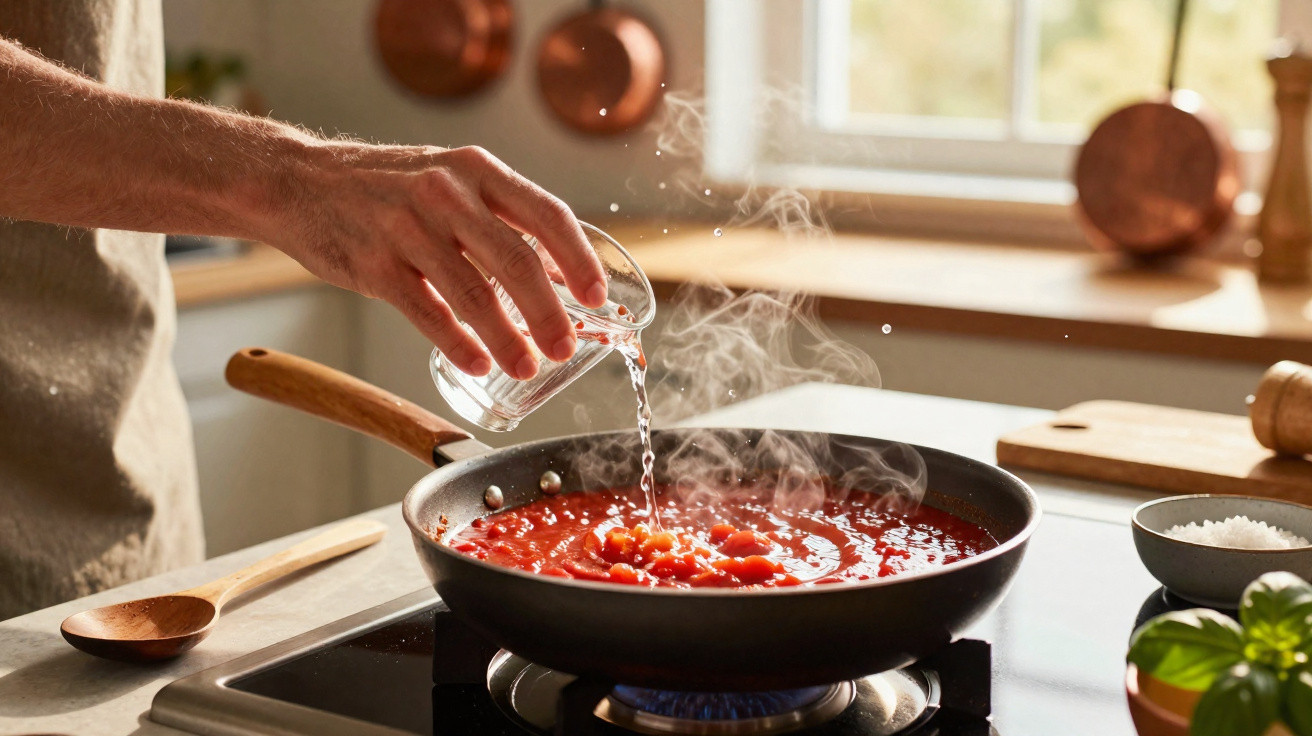 Mão a deitar água numa frigideira com molho de tomate a ferver num fogão doméstico.