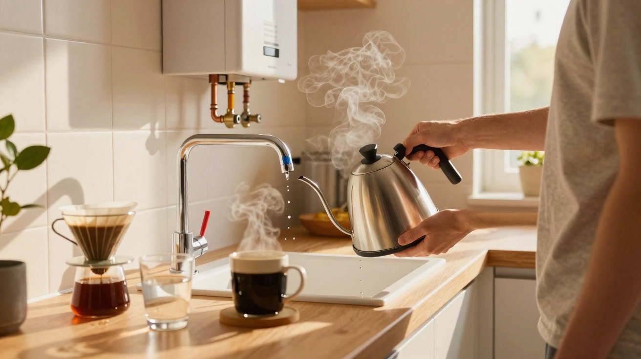 Pessoa a verter água quente de uma chaleira elétrica lerda para uma chávena numa cozinha luminosa.