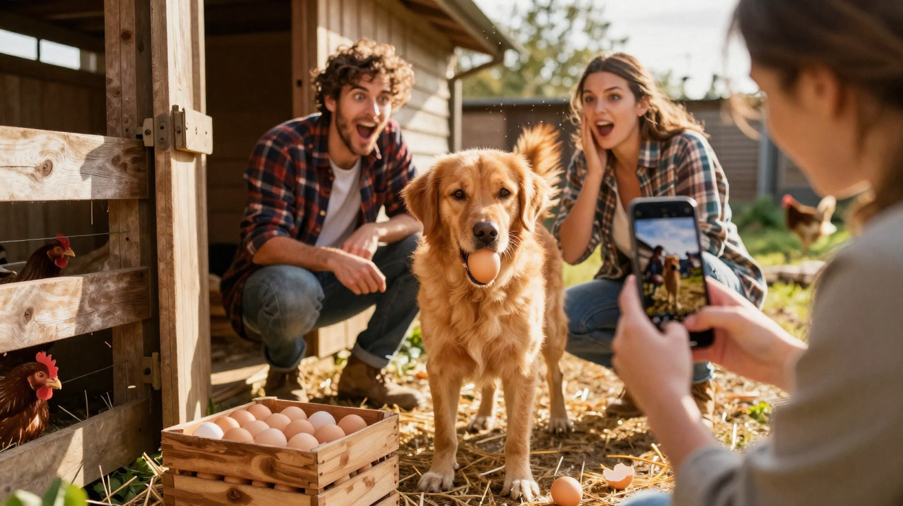 Cão com um ovo na boca enquanto duas pessoas se surpreendem e outra tira uma foto numa quinta com galinhas.