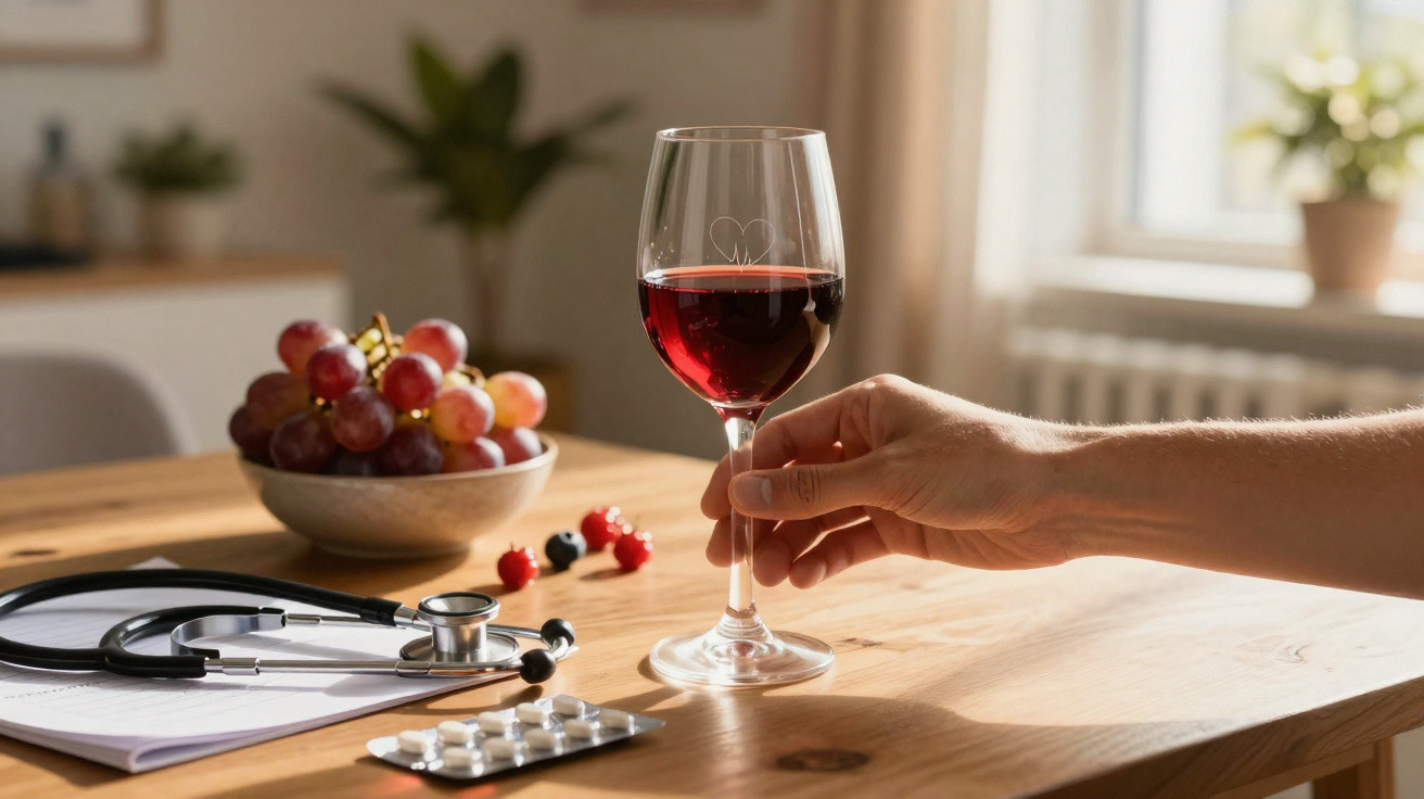 Mão segurando copo de vinho tinto junto a estetoscópio, comprimidos e tigela com uvas numa mesa.
