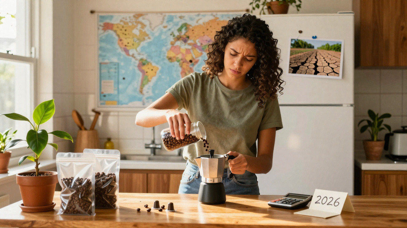 Mulher a colocar grãos de café numa cafeteira, com calendário 2026 e mapa mundi ao fundo.