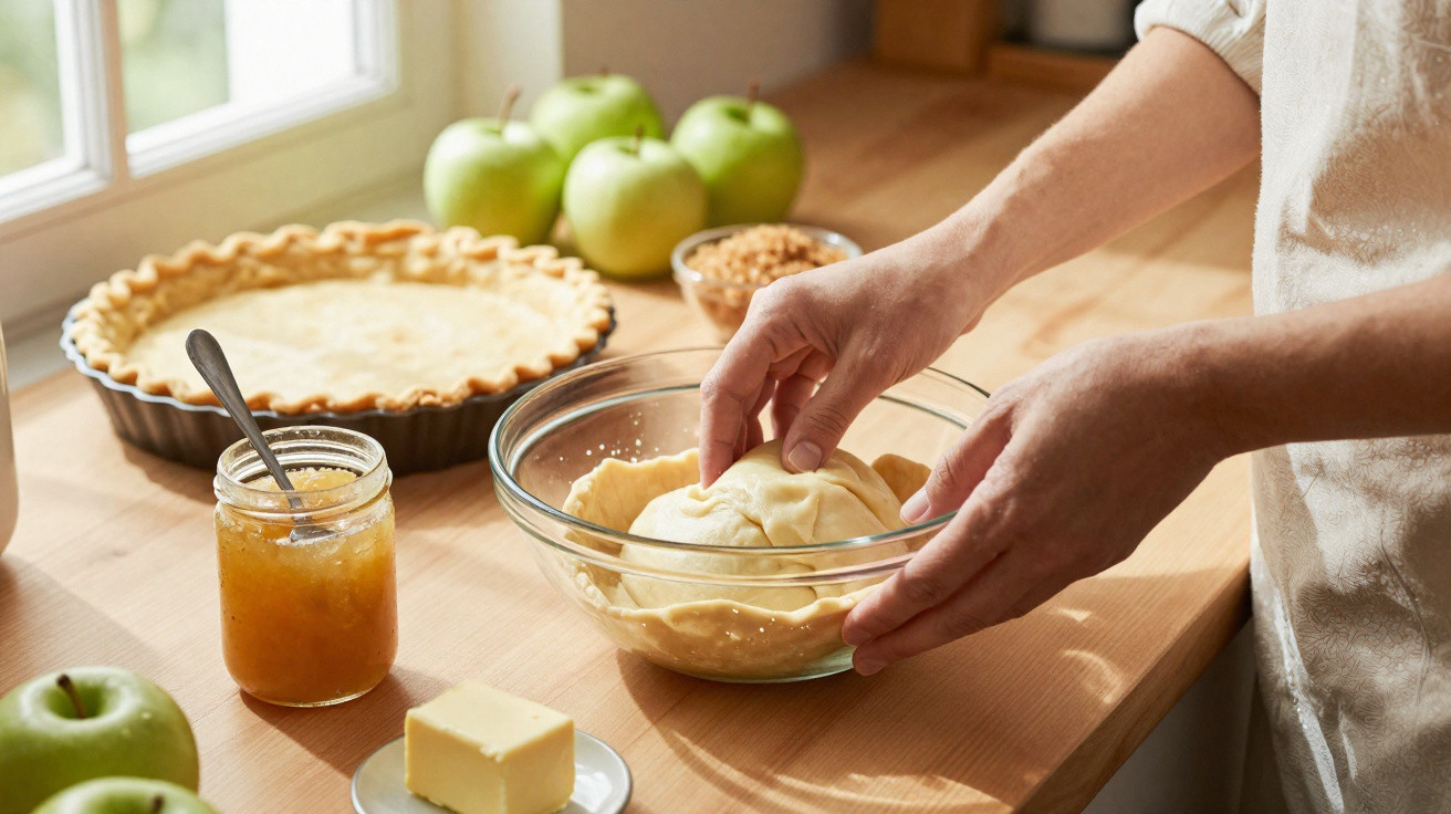 Mãos a preparar massa de tarte numa tigela, com maçãs verdes, manteiga e compota sobre bancada de cozinha.