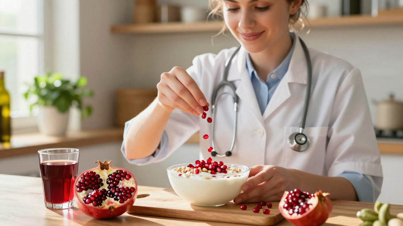 Mulher médica a colocar bagas de romã numa taça de iogurte com frutas, com romãs e sumo ao lado.