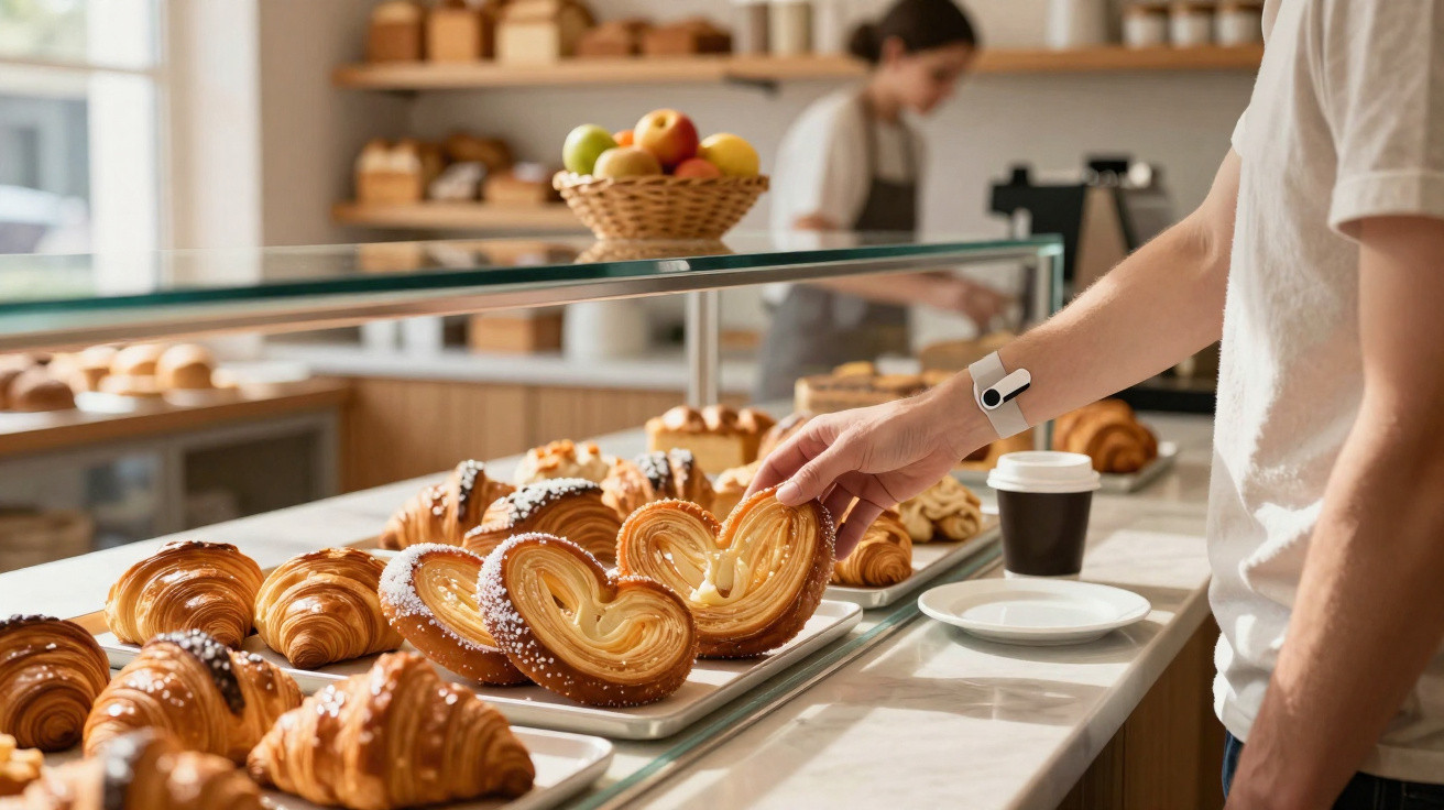 Pessoa a escolher pastelaria numa padaria, com várias croissants e um café numa bancada.