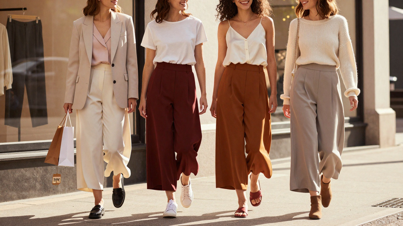 Quatro mulheres a caminhar na rua com calças largas de cores neutras e roupas casuais elegantes.