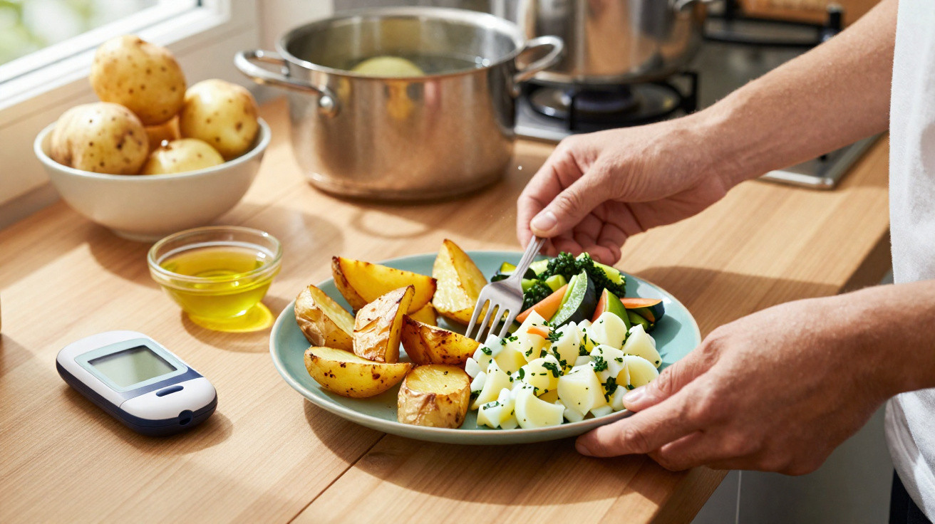 Pessoa a segurar prato com batatas, legumes e azeite, ao lado de medidor de glicose numa cozinha.