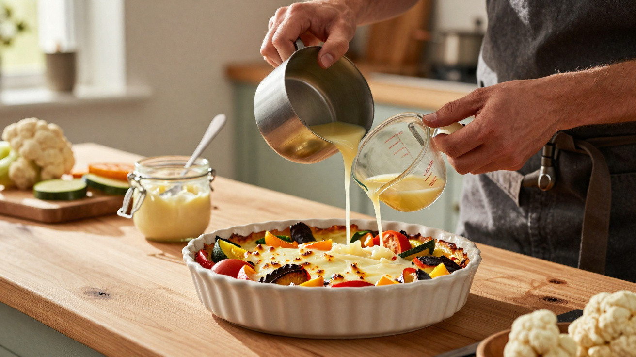 Pessoa a deitar mistura cremosa numa tarte de legumes com tomate, abóbora e courgette numa cozinha.