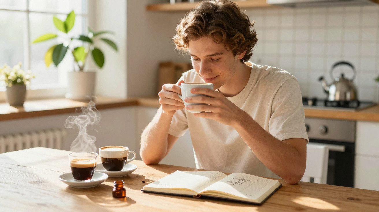 Jovem sentado numa cozinha a beber café e a ler um livro aberto numa mesa de madeira clara.