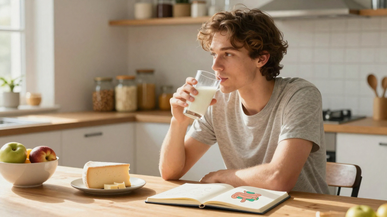 Jovem sentado a beber leite numa cozinha junto a queijo, fruta e um caderno aberto numa mesa de madeira.