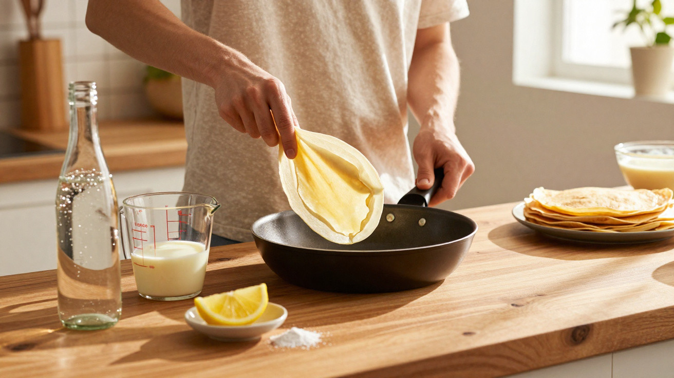 Pessoa a colocar massa de crepe numa frigideira numa cozinha iluminada, com ingredientes sobre a bancada.