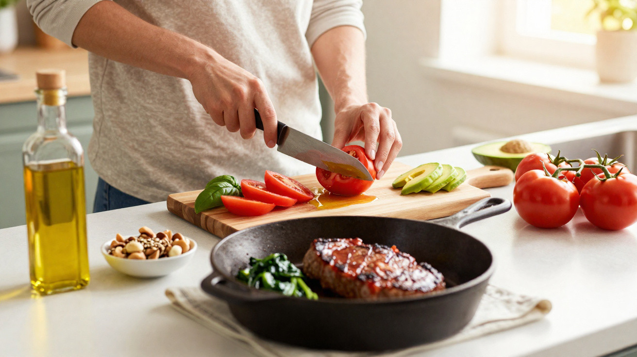 Pessoa a cortar tomates frescos numa tábua de madeira, com azeite, abacate e bife numa frigideira ao lado.