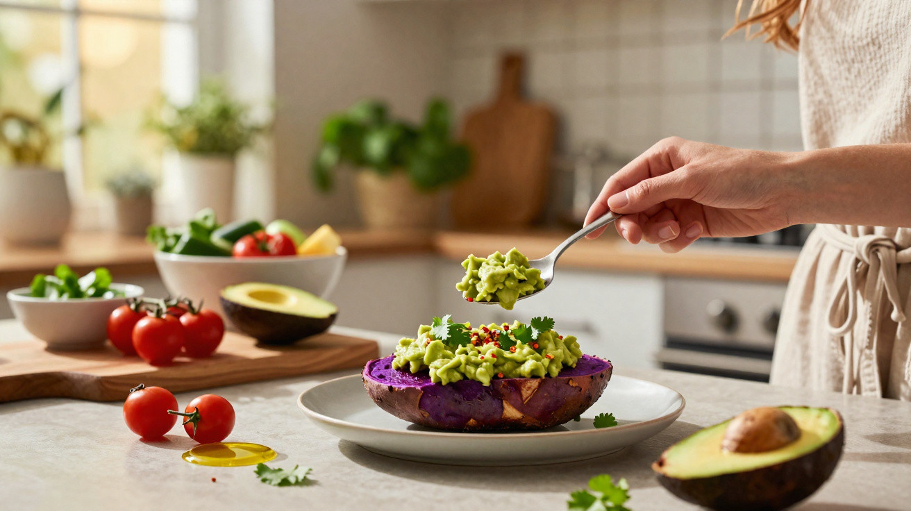 Mão a colocar guacamole numa batata-doce roxa assada, num prato branco numa bancada de cozinha.