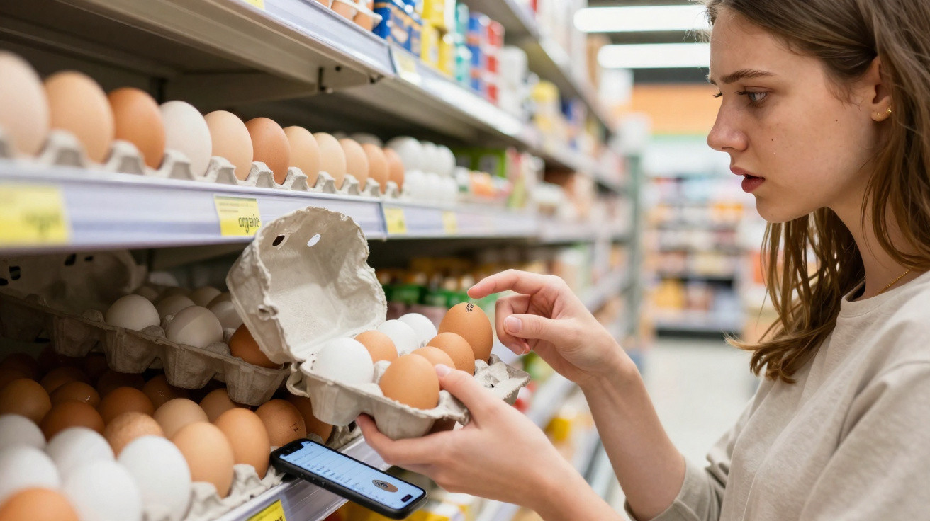 Mulher a escolher ovos castanhos numa prateleira de supermercado, com smartphone na mão.