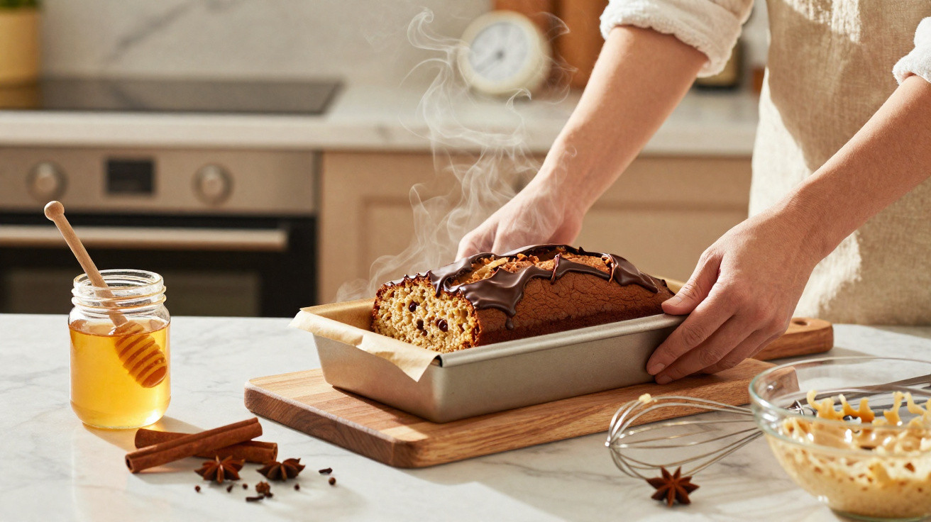 Pessoa a tirar bolo quente com cobertura de chocolate do forno numa cozinha luminosa.