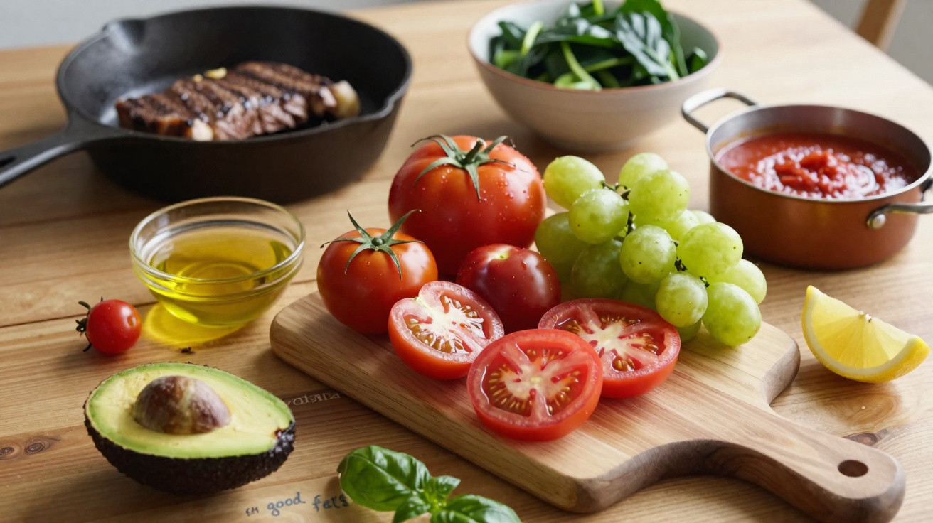 Ingredientes frescos: tomates, uvas, abacate, azeite, limão, espinafres e bife numa frigideira.