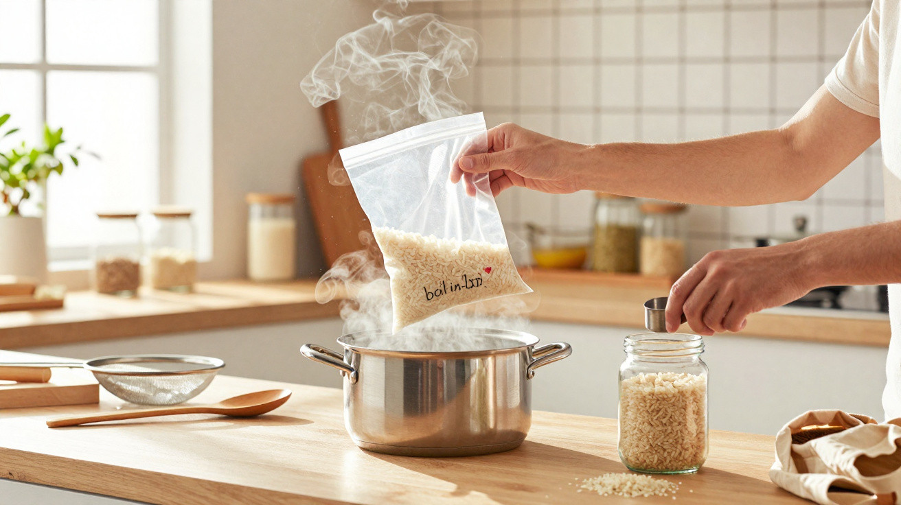 Pessoa a colocar arroz num saco reutilizável sobre uma panela com vapor numa cozinha luminosa.