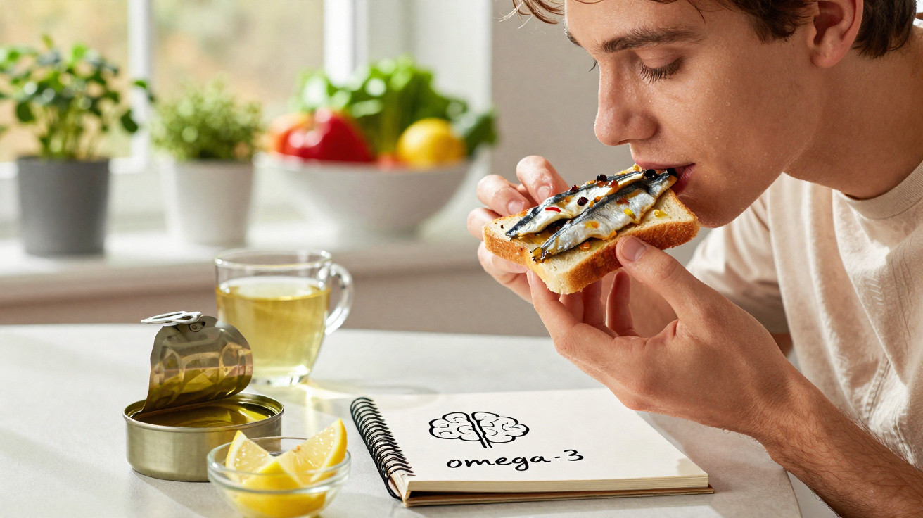 Pessoa a comer tosta com sardinhas, limão e chá, com bloco de notas escrito omega-3 numa mesa iluminada.