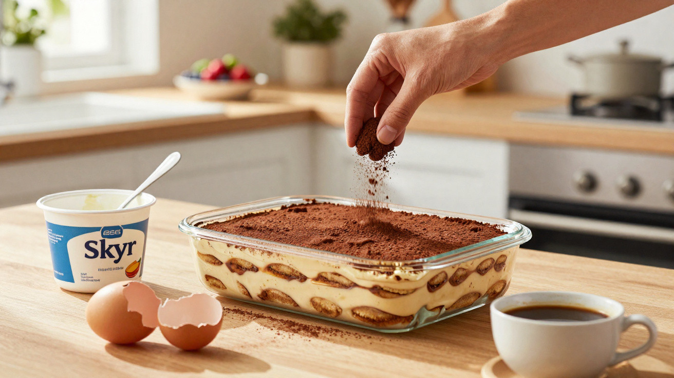 Mão polvilhando cacau sobre tiramisù caseiro numa cozinha, com ovos, iogurte e café na bancada.
