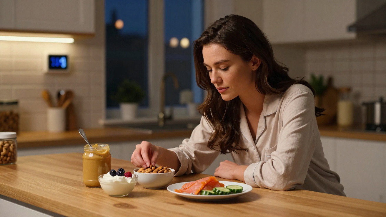 Mulher sentada à mesa na cozinha a escolher amêndoas entre alimentos saudáveis, à noite.