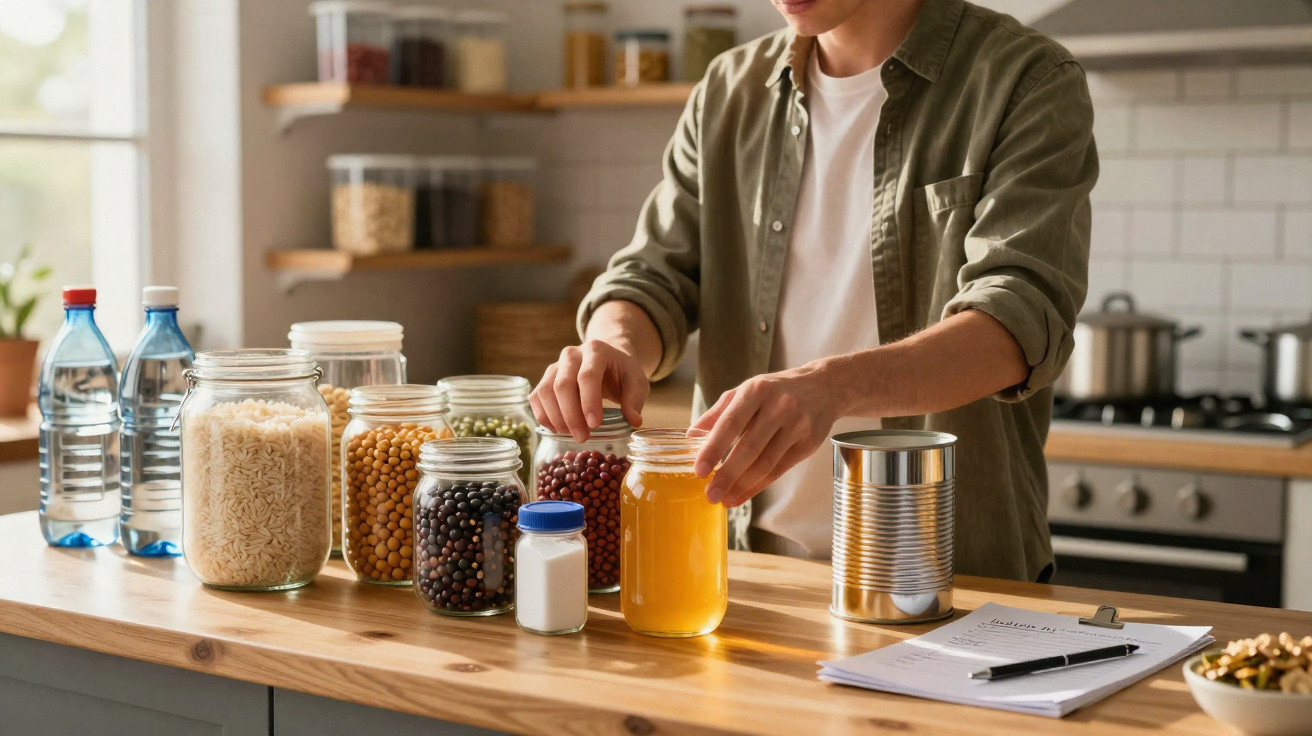Pessoa organizando frascos com alimentos e líquidos numa bancada de cozinha moderna.