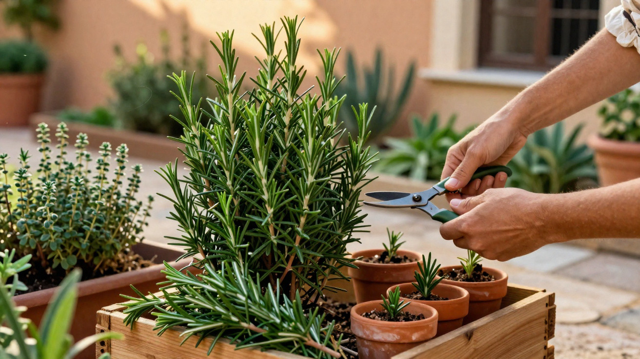 Pessoa a aparar alecrim num vaso de madeira num jardim com várias plantas em vasos de barro.