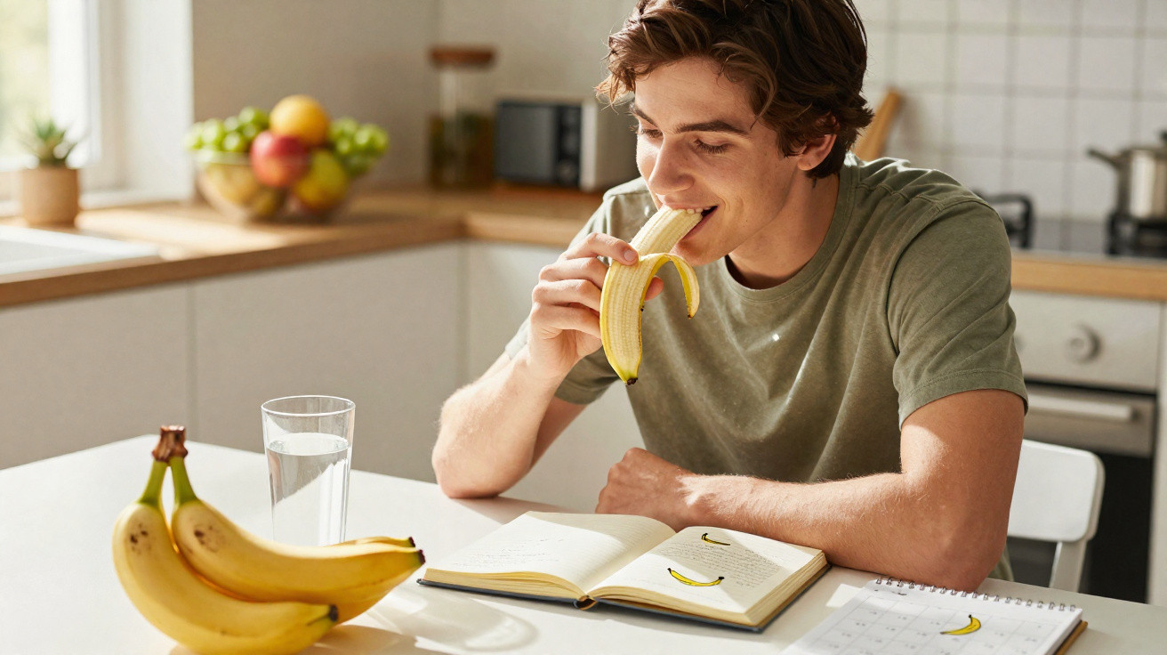 Jovem sentado à mesa na cozinha a comer uma banana, com livro aberto, copo de água e caderno à sua frente.