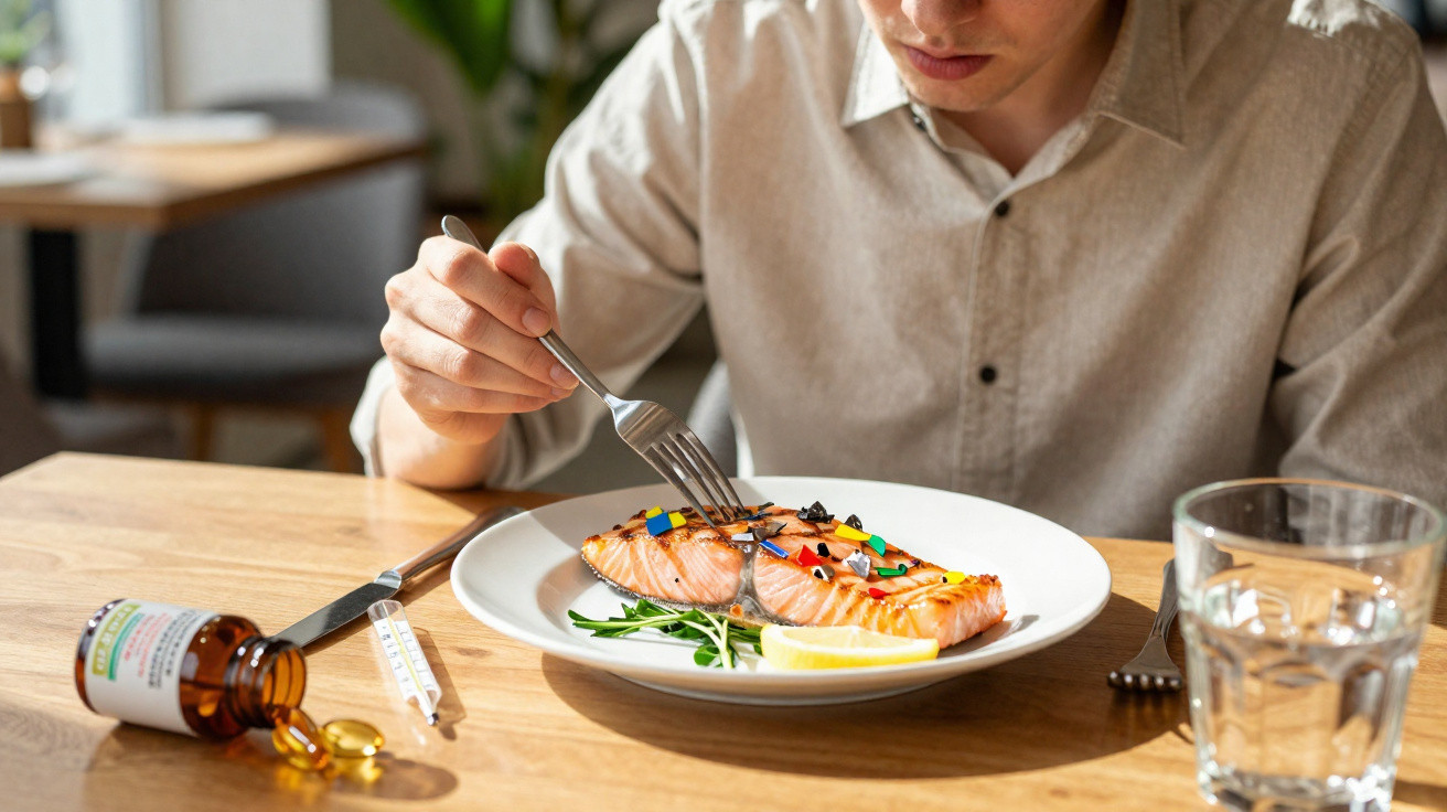 Pessoa a comer salmão grelhado com legumes, com frascos de suplementos e copo de água numa mesa de madeira.