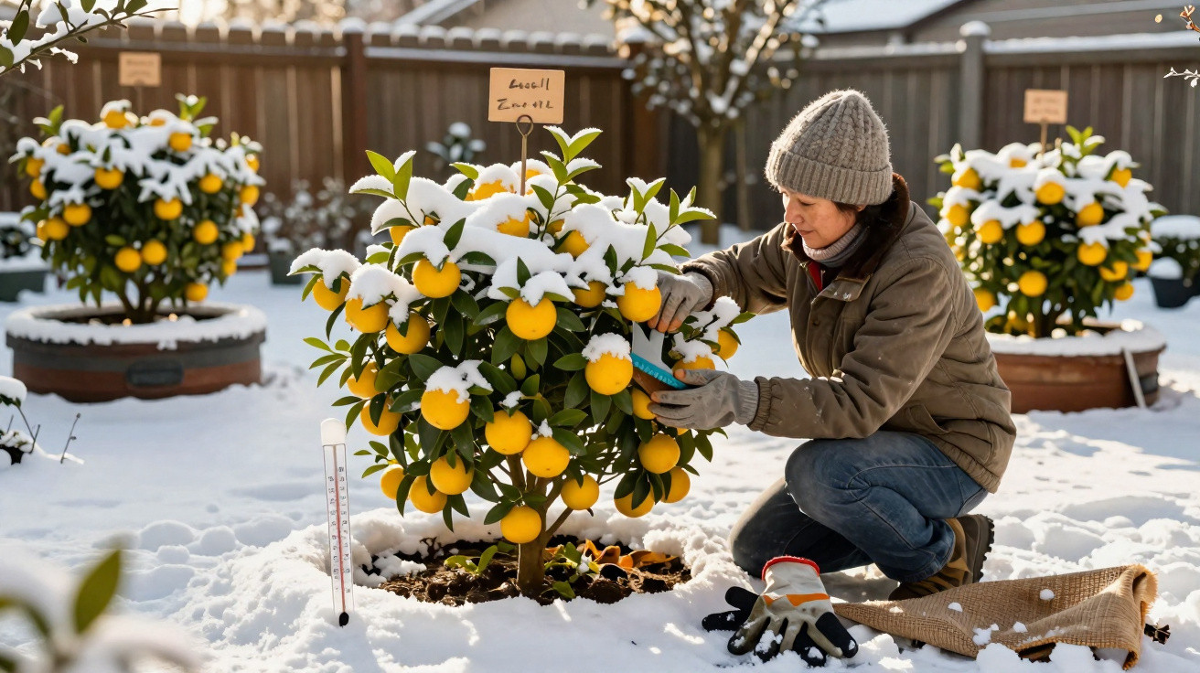 Mulher a cuidar de laranjeira com frutos cobertos de neve num jardim nevado.