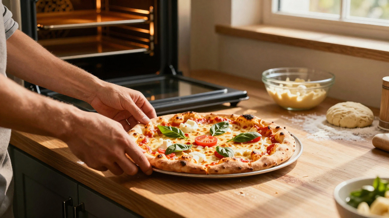Pessoa a tirar pizza recém saída do forno numa cozinha com ingredientes na bancada.