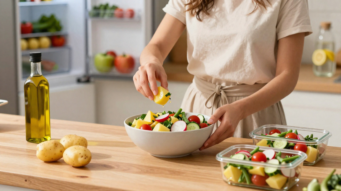 Pessoa a temperar salada com limão numa cozinha moderna com batatas e azeite sobre a mesa de madeira.