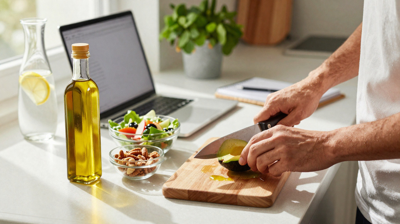 Pessoa a cortar abacate numa tábua de madeira numa cozinha com ingredientes e computador portátil ao fundo.