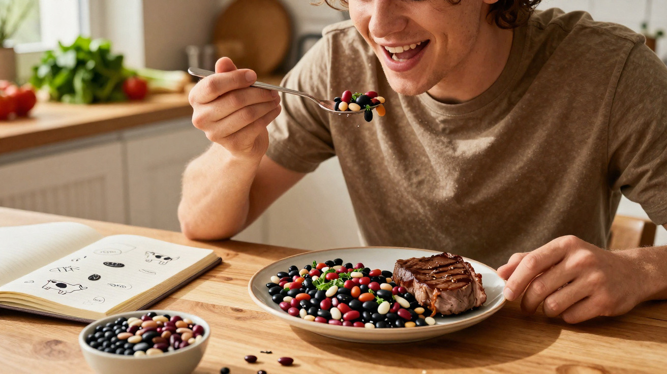Jovem sentado à mesa a comer uma refeição com feijão colorido e bife, com livro aberto ao lado.
