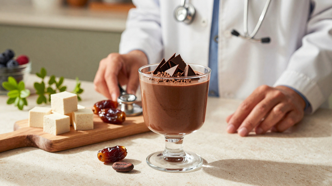 Taça de mousse de chocolate com pedaços de chocolate, em frente a médico com estetoscópio na bancada.