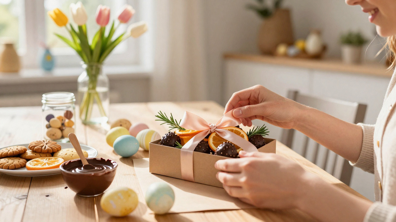 Pessoa a decorar caixas com bombons de chocolate, ovos coloridos, bolachas e flores numa mesa de madeira.