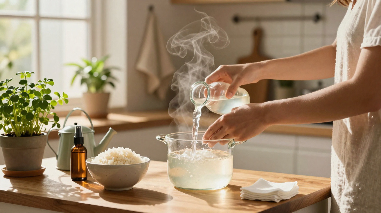 Pessoa a despejar água quente numa tigela de vidro numa cozinha iluminada, com vapor visível e arroz ao lado.