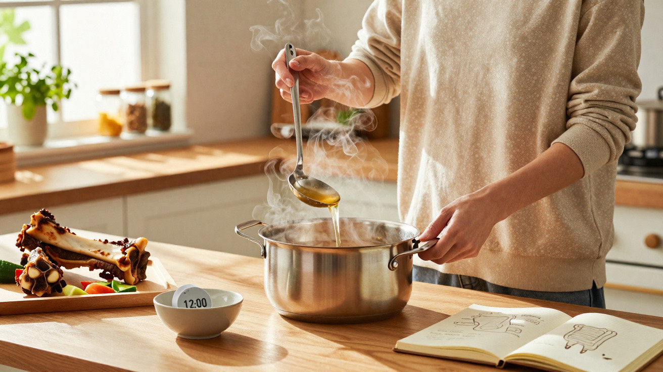 Pessoa a cozinhar sopa numa panela com vapor, ao lado de ossos e um livro de receitas aberto numa cozinha iluminada.