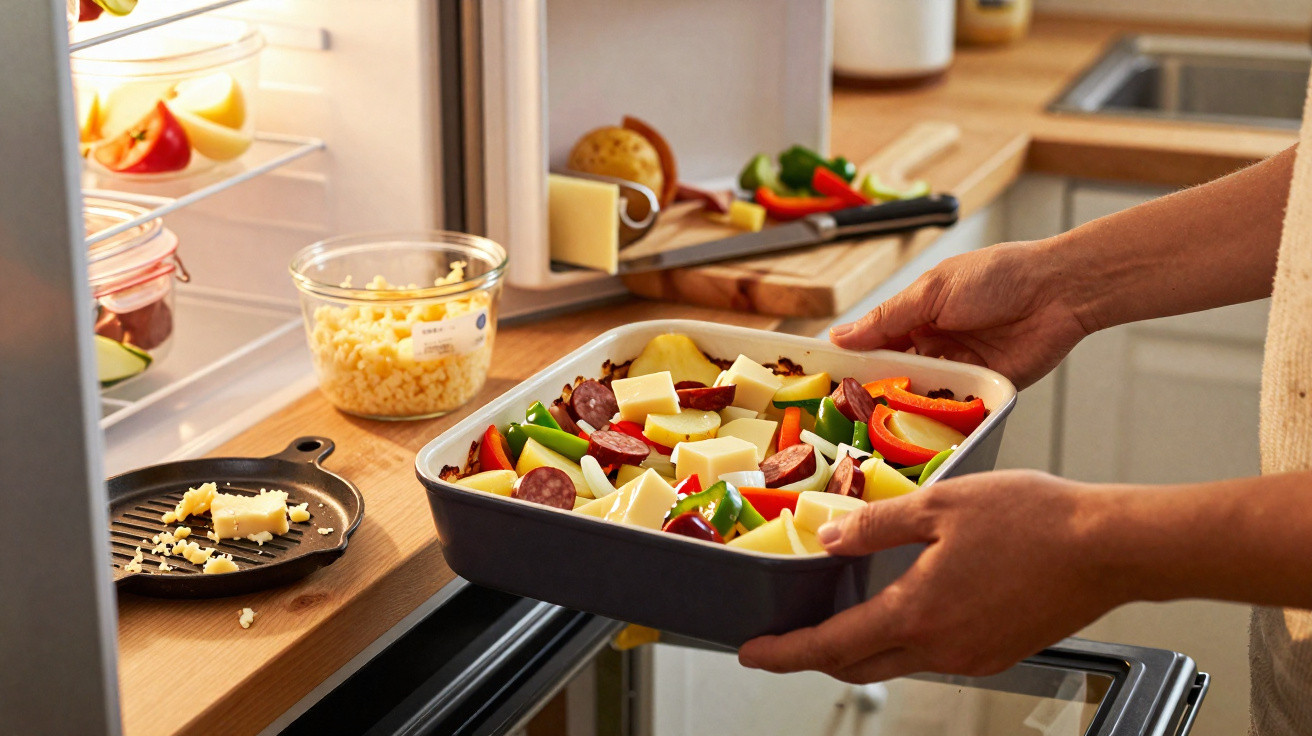 Pessoa a colocar tabuleiro com legumes, queijo e enchidos no forno numa cozinha moderna.