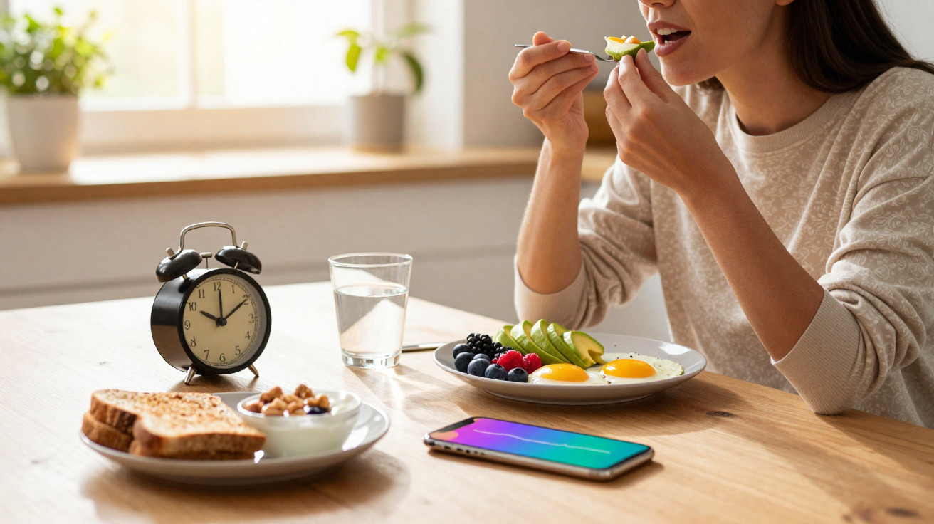 Mulher a comer pequeno-almoço saudável com ovos, frutas e torradas à mesa com relógio e telemóvel.