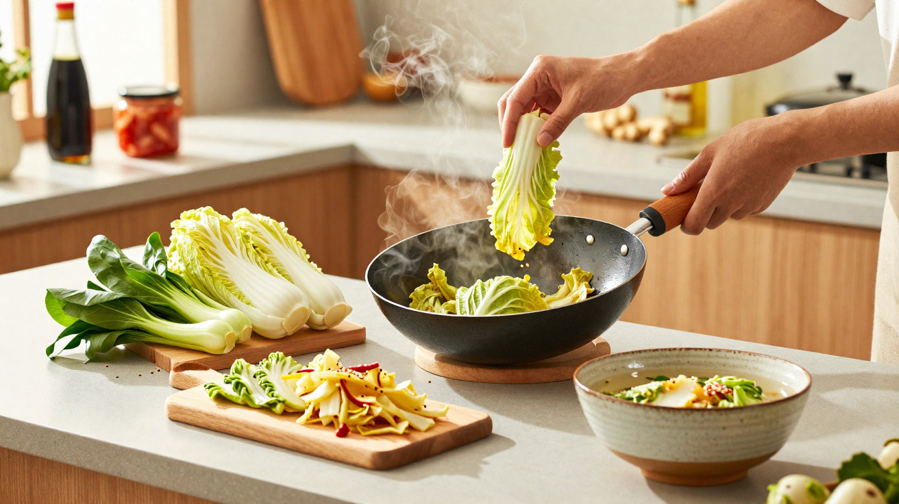 Mãos a cozinhar acelga num wok fumegante numa cozinha moderna, com legumes e sopa no balcão.