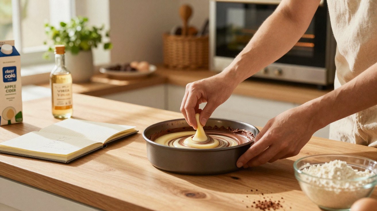 Pessoa a decorar bolo marmoreado numa cozinha com ingredientes e caderno aberto na bancada de madeira.