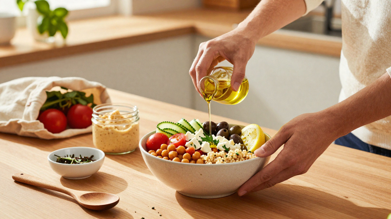 Pessoa a temperar uma tigela de salada colorida com azeite numa cozinha luminosa e organizada.