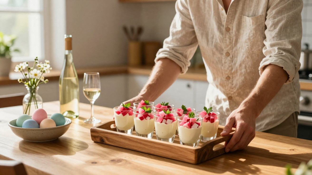 Homem a servir um tabuleiro com copos de sobremesa decorada com pedaços cor-de-rosa e ervas frescas numa cozinha.