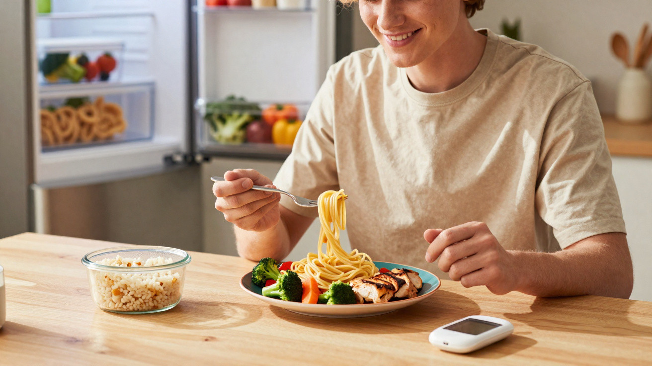 Pessoa sorridente sentada à mesa com prato de esparguete, legumes e frango grelhado, dispositivo médico ao lado.