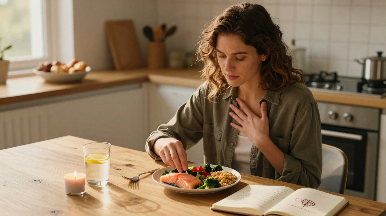 Mulher a almoçar peixe e legumes na cozinha, com vela acesa e livro aberto na mesa.