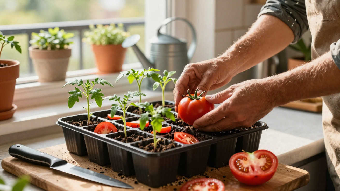 Mãos colocar tomate num tabuleiro com muda na janela, ao lado faca e tomate cortado em cozinha iluminada.
