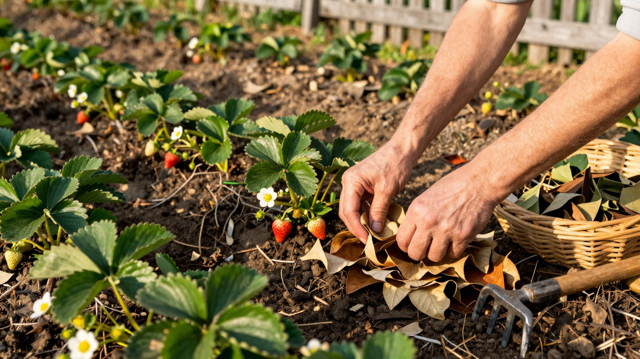Mãos a cobrir plantas de morango com folhas secas num jardim, com cesta e garfo de jardinagem.
