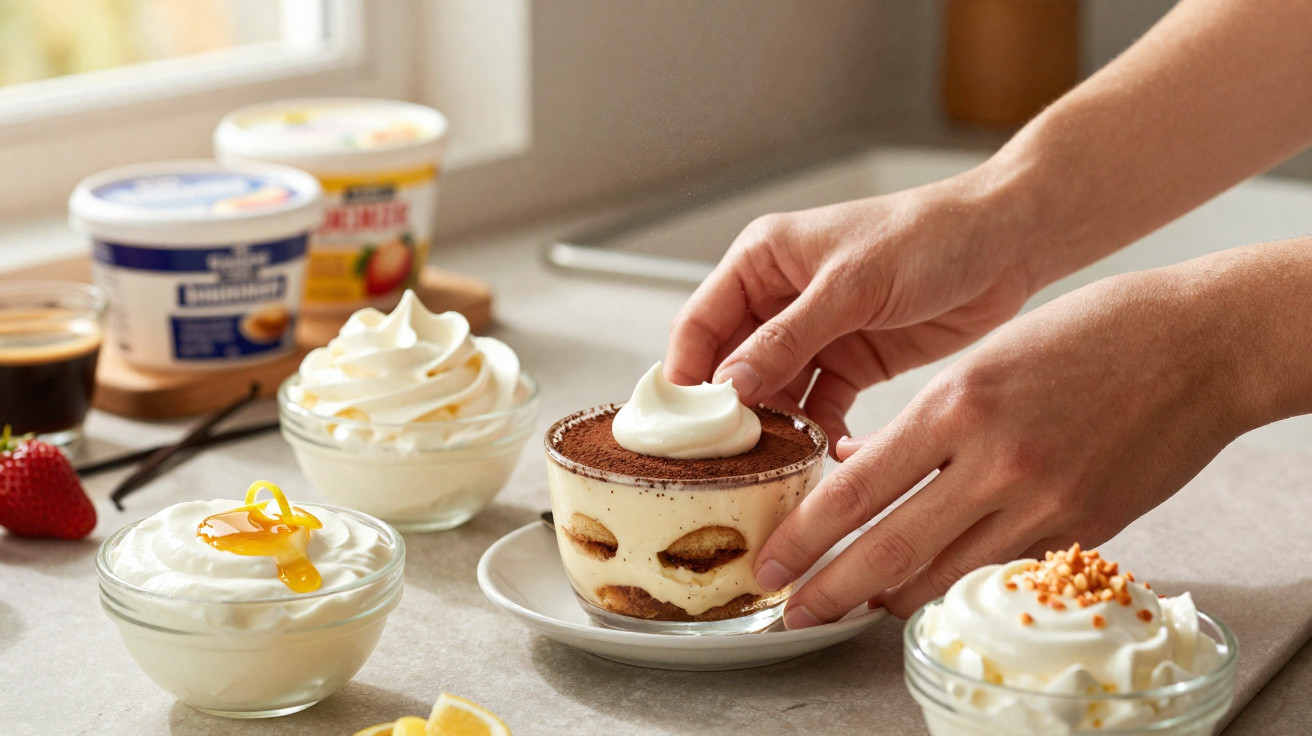Mãos decorando tiramisu com creme numa taça, rodeada por taças com diferentes cremes e ingredientes.